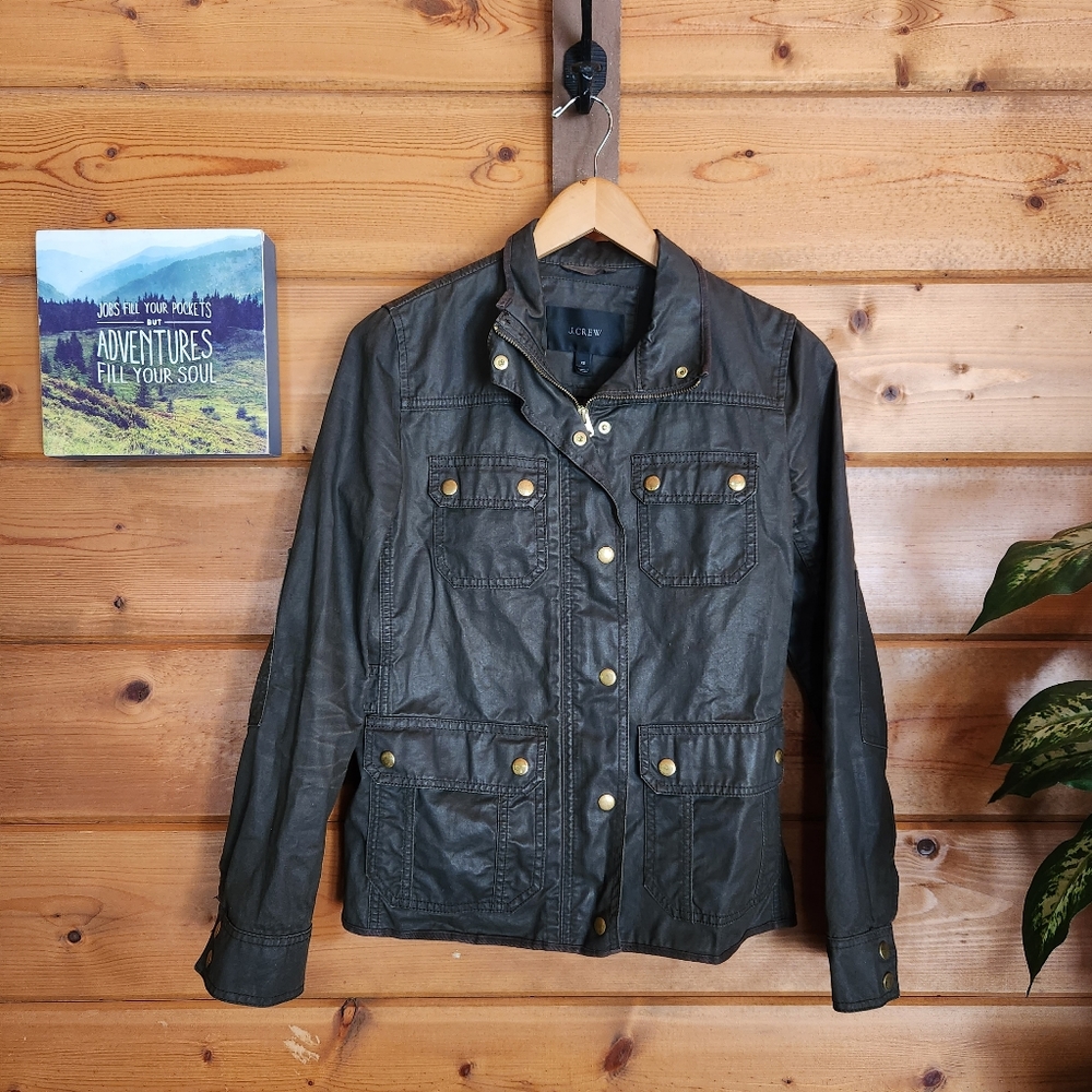 J Crew 💜 Brown Downtown Field Military Jacket Waxed Denim Full Zip 19034 Sz XS